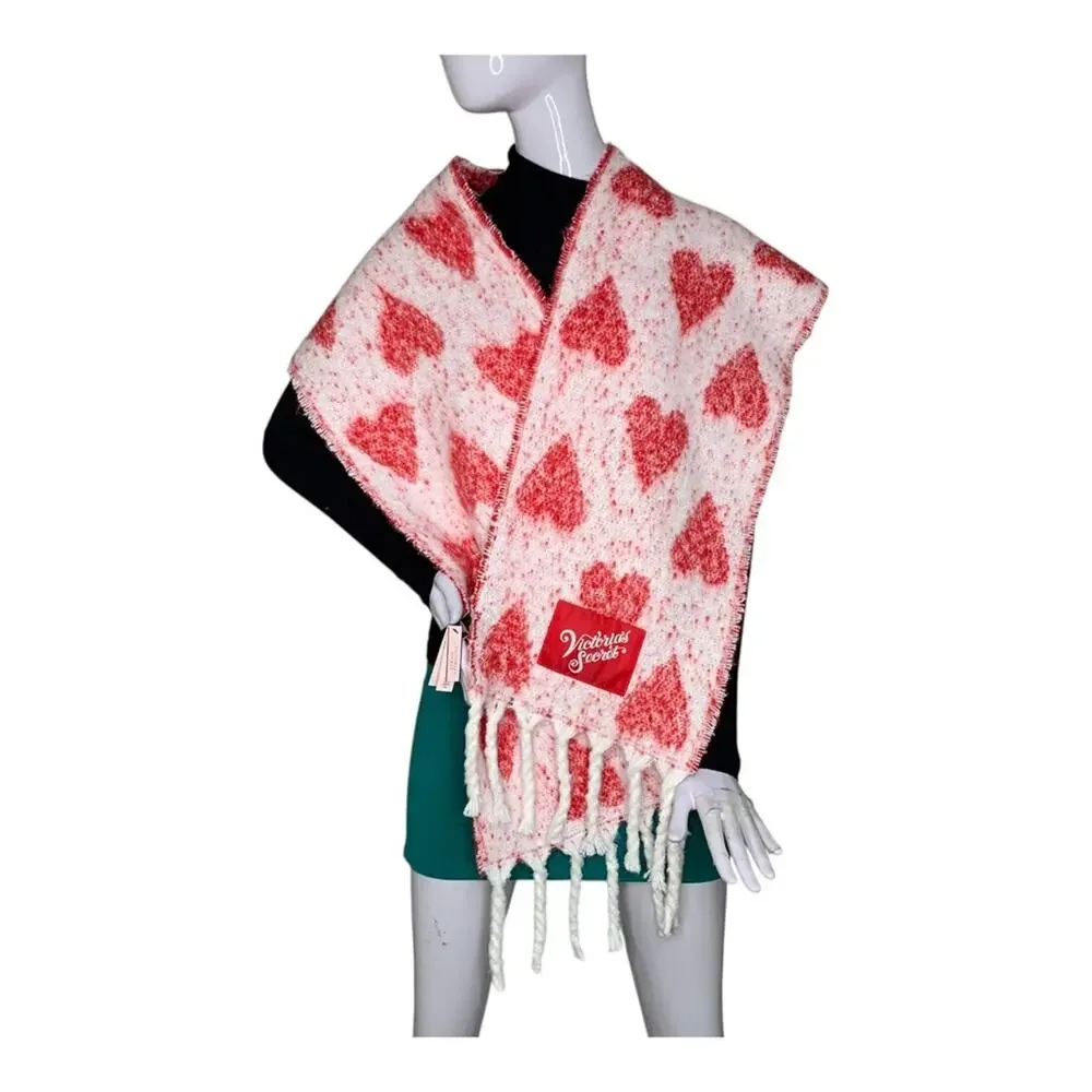 Victoria's Secret NWT Fringe Scarf Heart Print Red and White Logo Patch